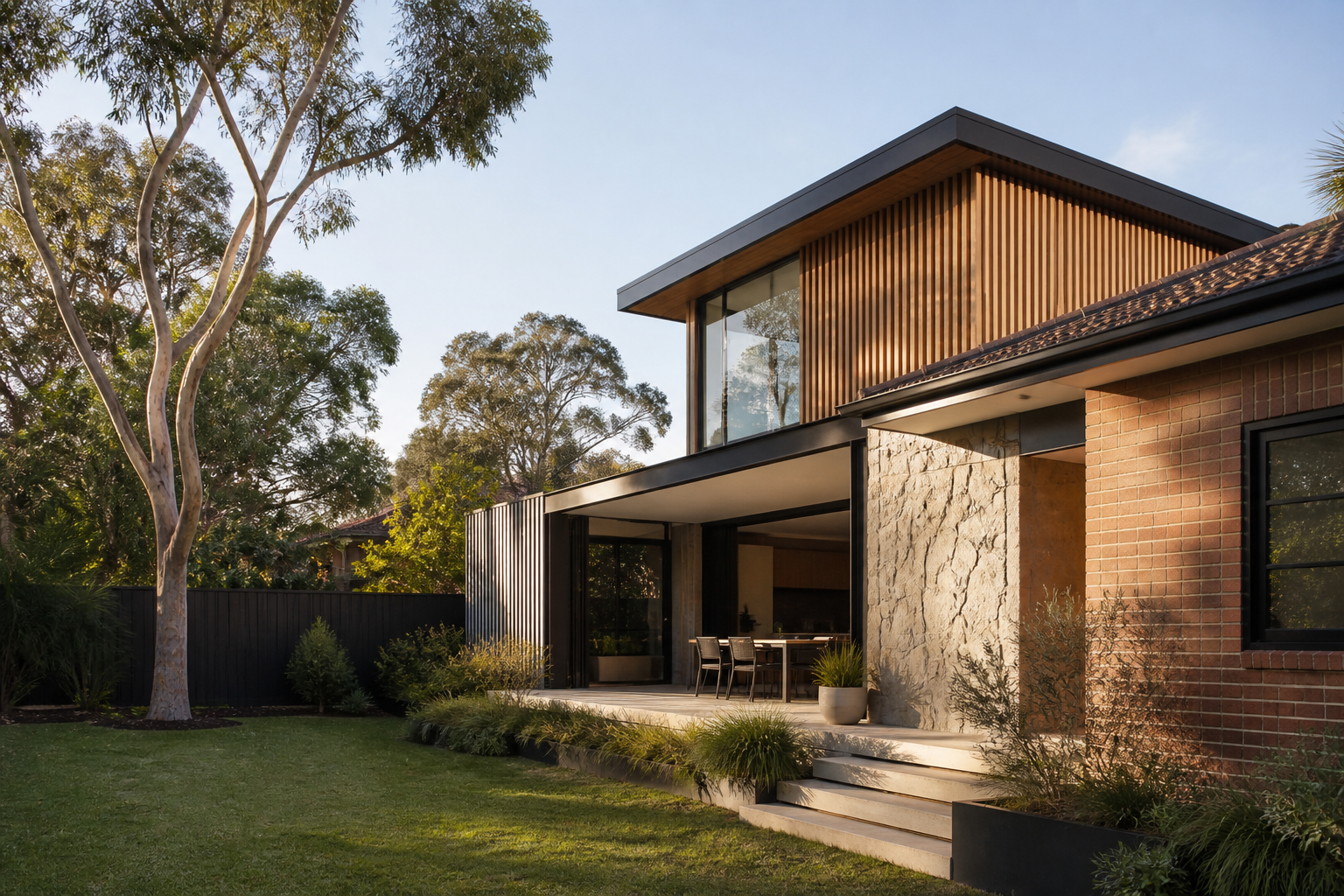 Contemporary Australian home extension surrounded by eucalyptus trees
